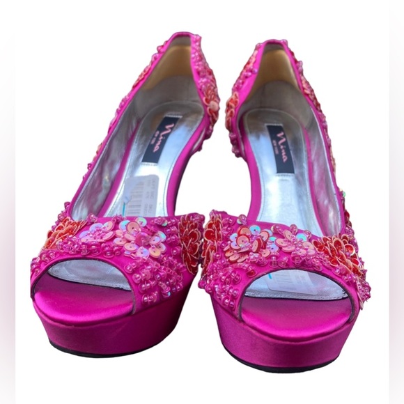 NINA NEW YORK Fuchsia Pink “Sadi” 3D Sequin Floral Flower Peep Toe Pump Heels,10 - Picture 7 of 11